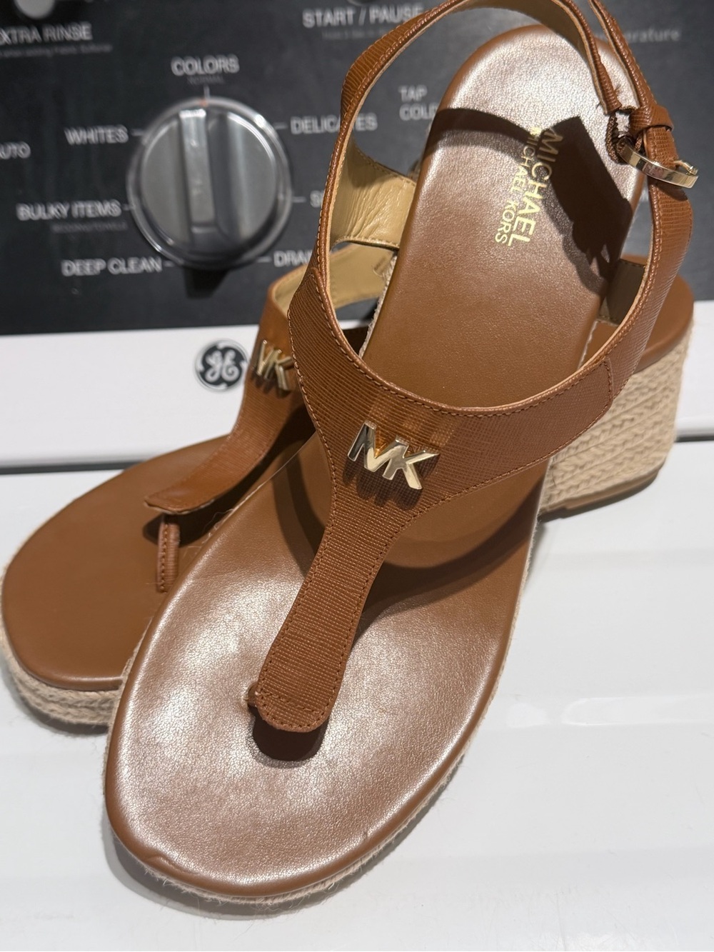 Michael Kors Brown Leather Espadrille Wedge Sandals with Gold MK Logo